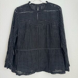 Point Sur J. Crew Black Eyelet Peplum Blouse Shirt Bow Ties Long Sleeve Size M